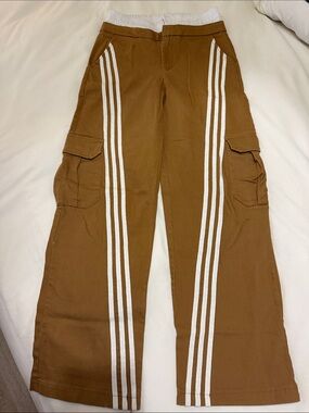 Brown Wide-Leg Cargo Track Pants with White Stripes